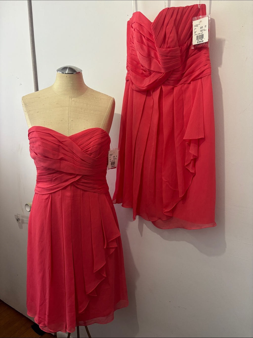 David's Bridal Strapless Coral-Red Chiffon Cocktail Dress NWT